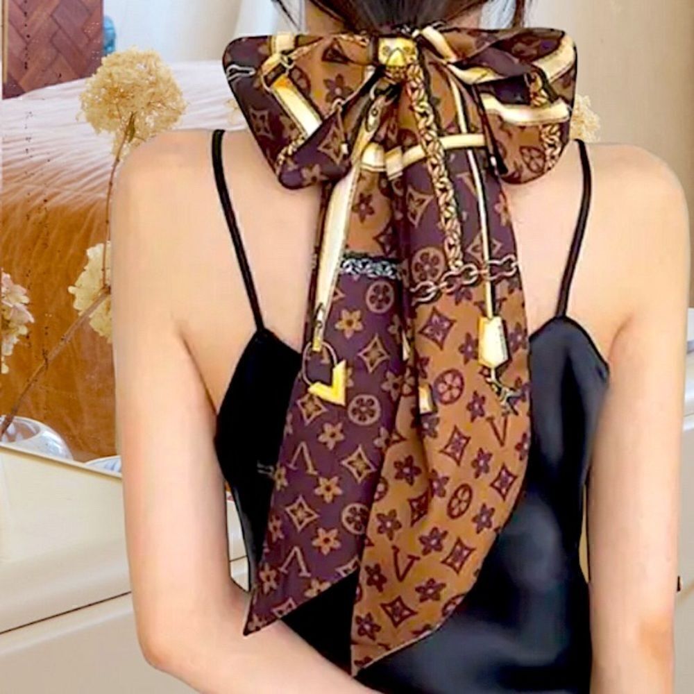 SCARF BANDEAU RIBBON TIE TWILLY HAIR ACCESSORY HEADBAND BROWN FLOWERS